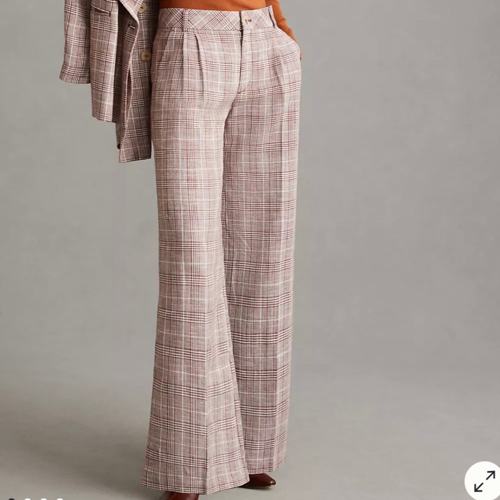 Maeve Pleated Plaid Brown High arise Linen Wide Leg Trousers Pants 0